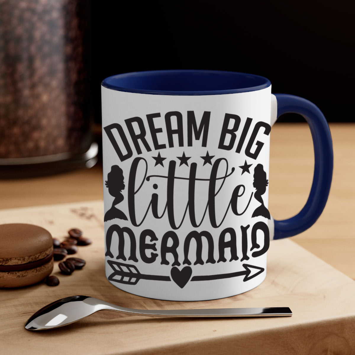 Dream Big Little Mermaid Mug featuring a glossy finish, colorful handle, and interior, available in five colors.