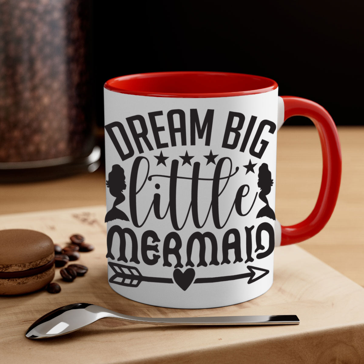 Dream Big Little Mermaid Mug featuring a glossy finish, colorful handle, and interior, available in five colors.