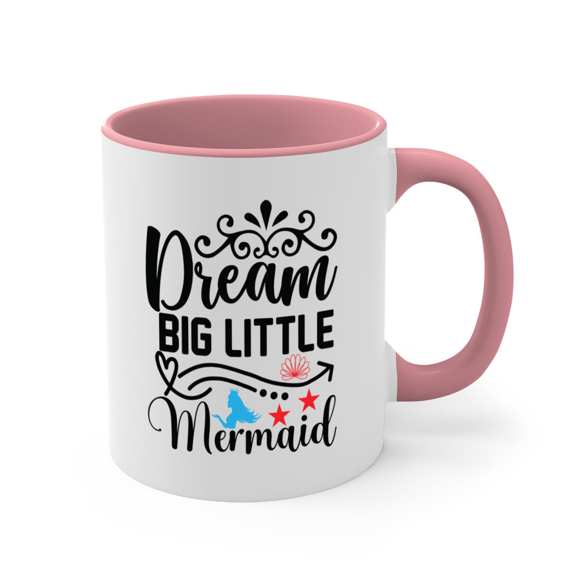 Dream Big Little Mermaid mug featuring a colorful handle and glossy finish, perfect for coffee or tea lovers.