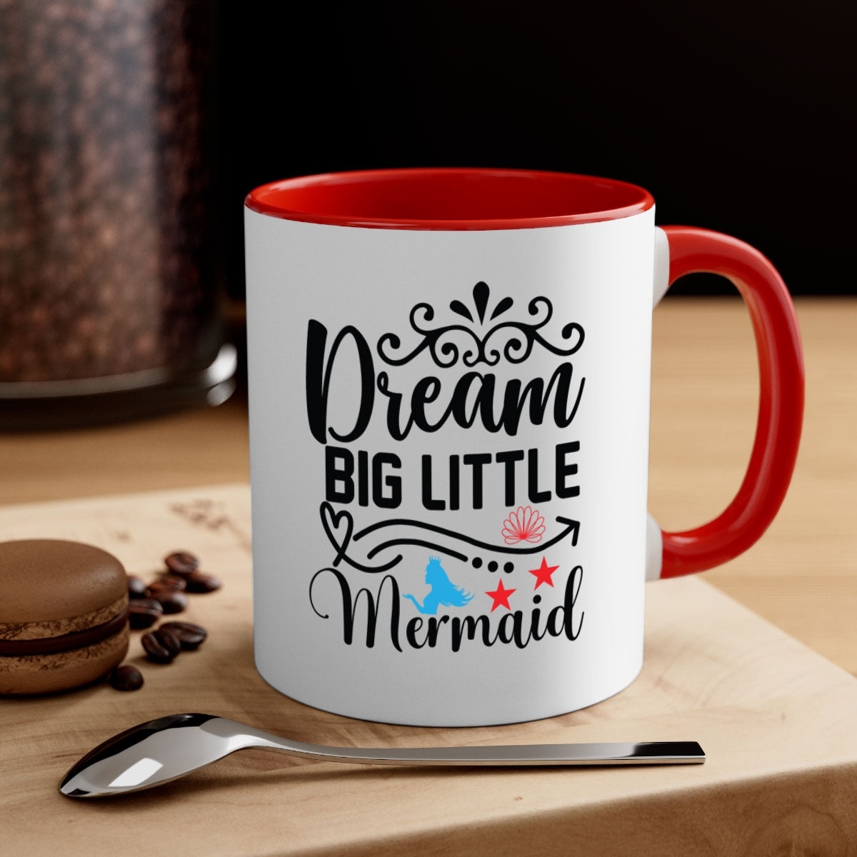Dream Big Little Mermaid mug featuring a colorful handle and glossy finish, perfect for coffee or tea lovers.