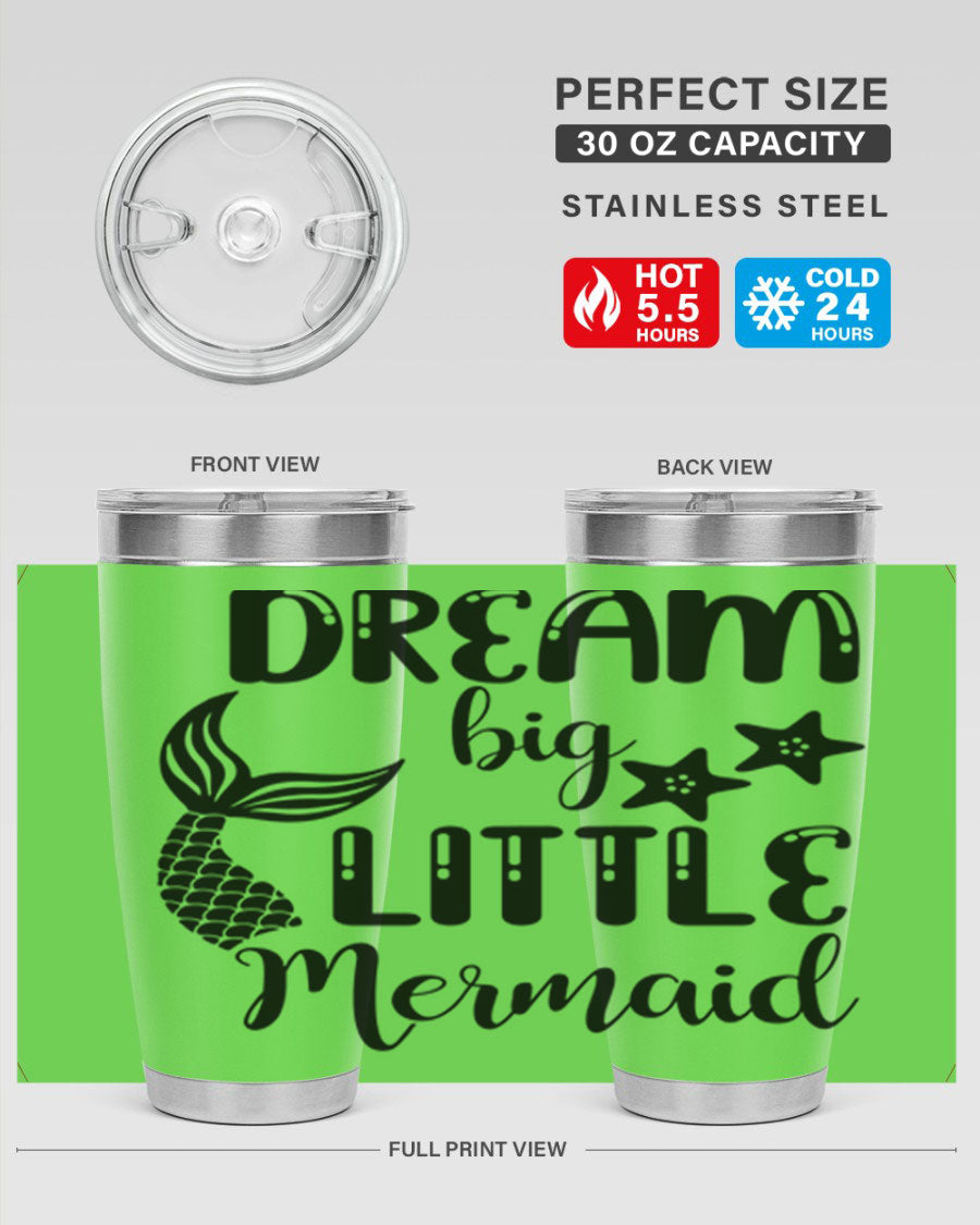 Dream Big Little Mermaid 131# tumbler in vibrant colors, showcasing double wall stainless steel design with a drink-thru lid.
