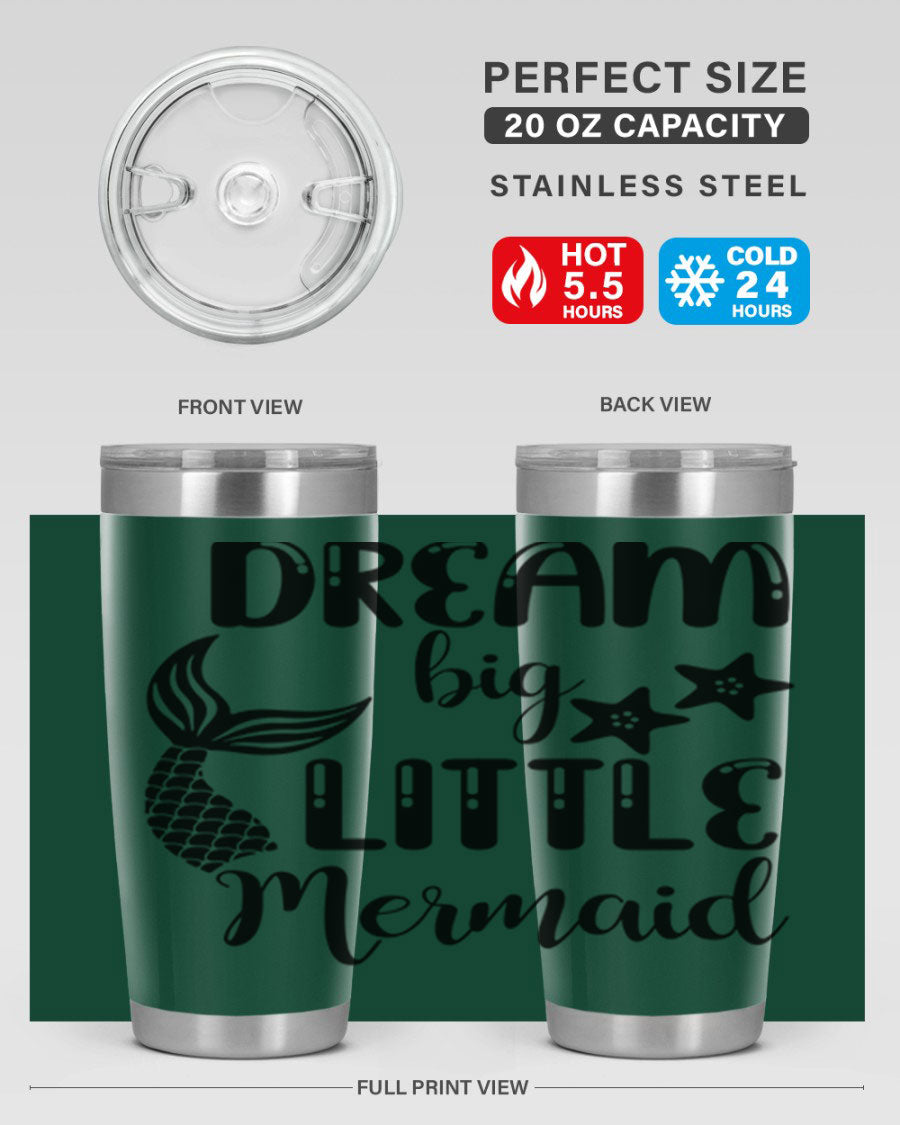 Dream Big Little Mermaid 131# tumbler in vibrant colors, showcasing double wall stainless steel design with a drink-thru lid.