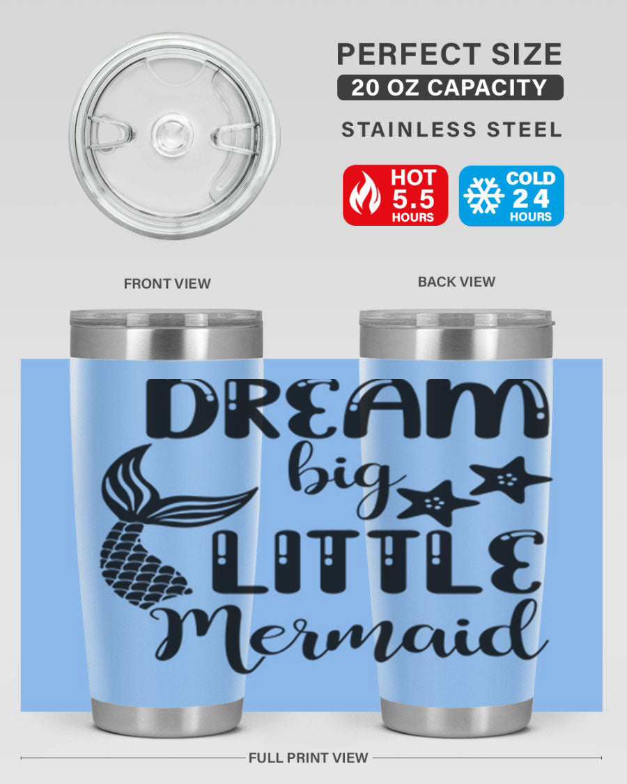 Dream Big Little Mermaid 131# tumbler in vibrant colors, showcasing double wall stainless steel design with a drink-thru lid.