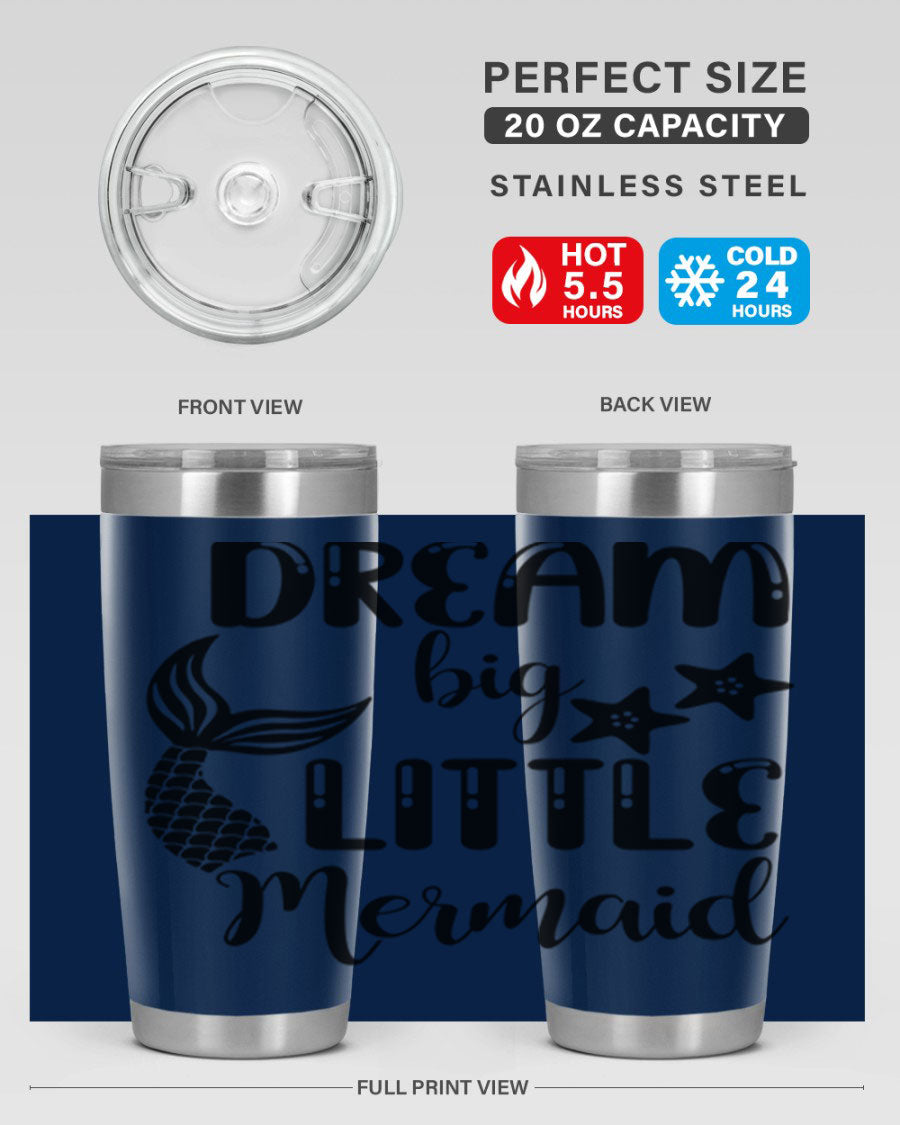 Dream Big Little Mermaid 131# tumbler in vibrant colors, showcasing double wall stainless steel design with a drink-thru lid.