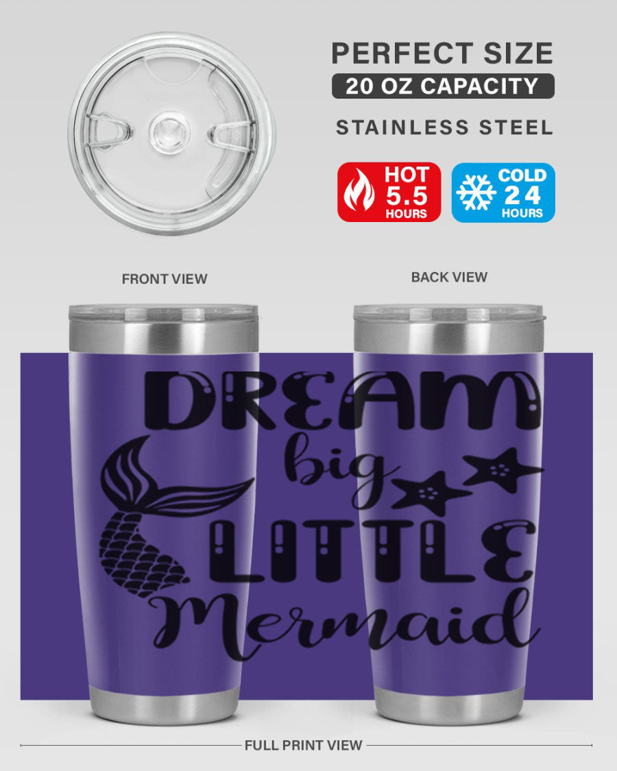 Dream Big Little Mermaid 131# tumbler in vibrant colors, showcasing double wall stainless steel design with a drink-thru lid.
