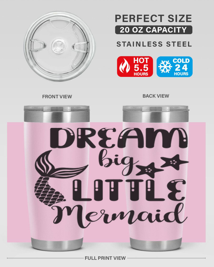 Dream Big Little Mermaid 131# tumbler in vibrant colors, showcasing double wall stainless steel design with a drink-thru lid.