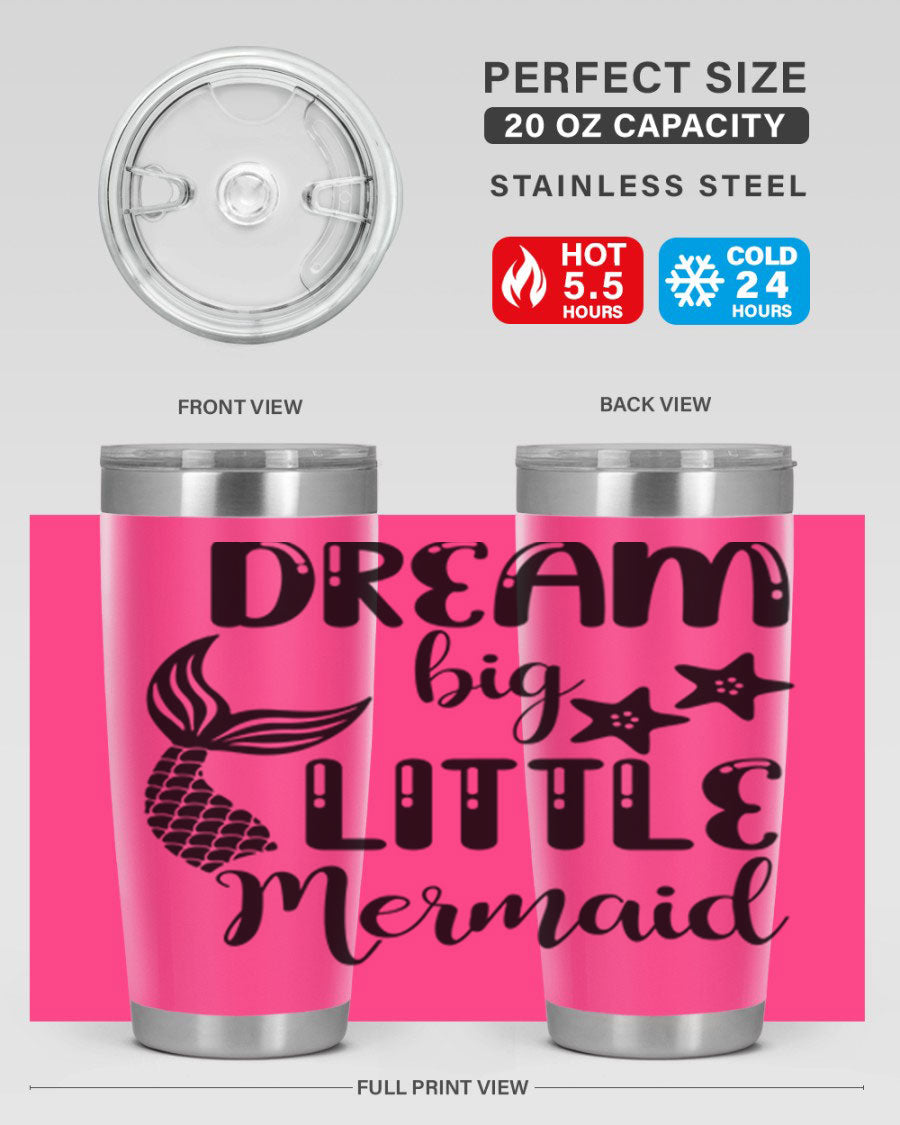 Dream Big Little Mermaid 131# tumbler in vibrant colors, showcasing double wall stainless steel design with a drink-thru lid.