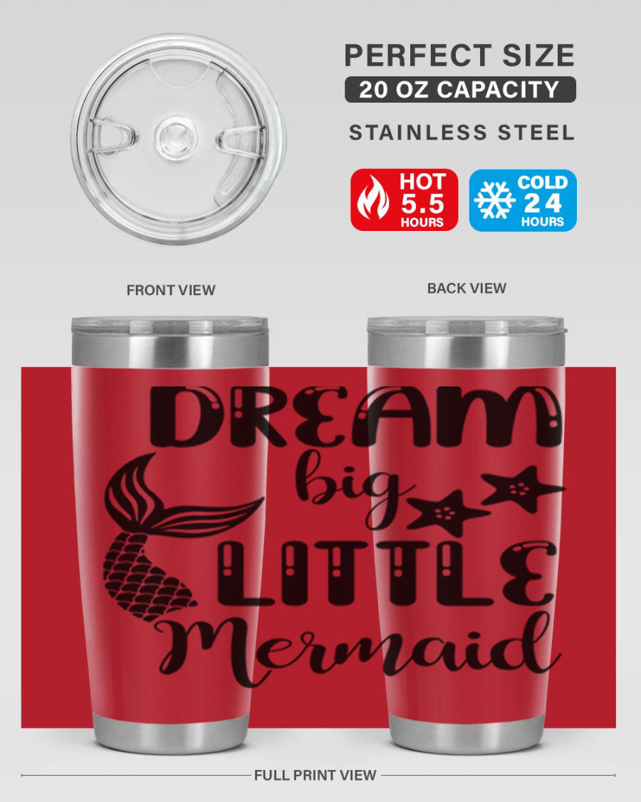 Dream Big Little Mermaid 131# tumbler in vibrant colors, showcasing double wall stainless steel design with a drink-thru lid.