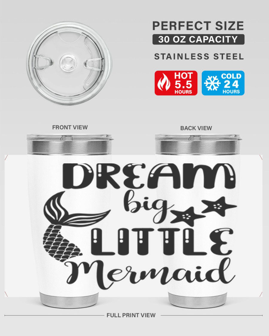 Dream Big Little Mermaid 131# tumbler in vibrant colors, showcasing double wall stainless steel design with a drink-thru lid.