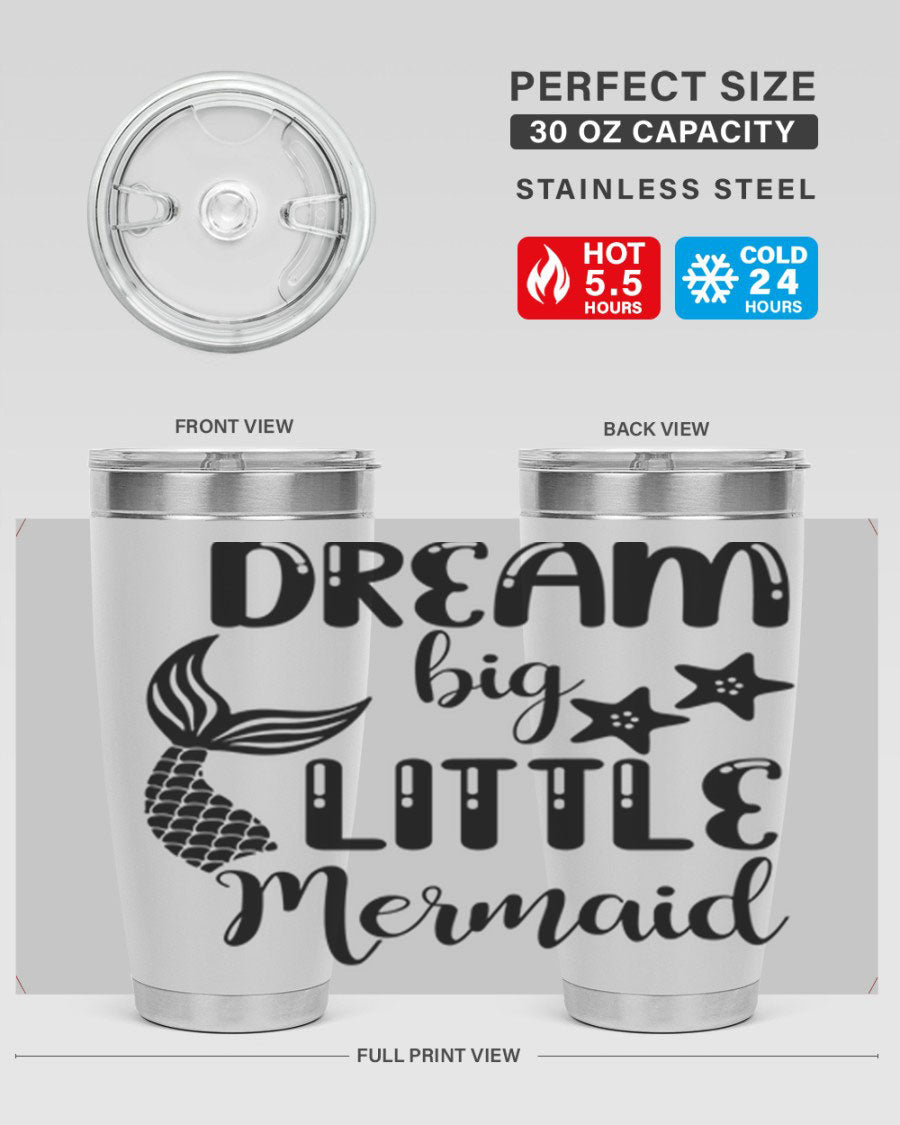 Dream Big Little Mermaid 131# tumbler in vibrant colors, showcasing double wall stainless steel design with a drink-thru lid.