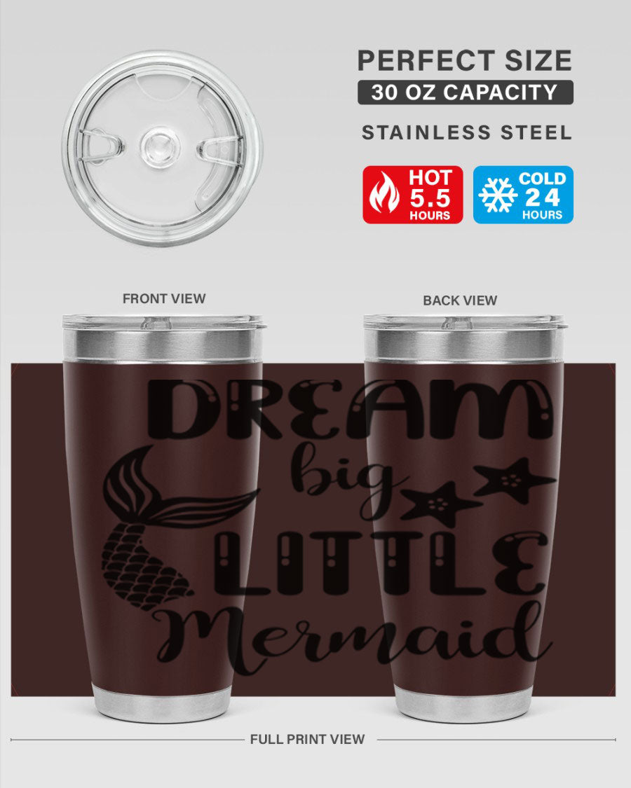 Dream Big Little Mermaid 131# tumbler in vibrant colors, showcasing double wall stainless steel design with a drink-thru lid.