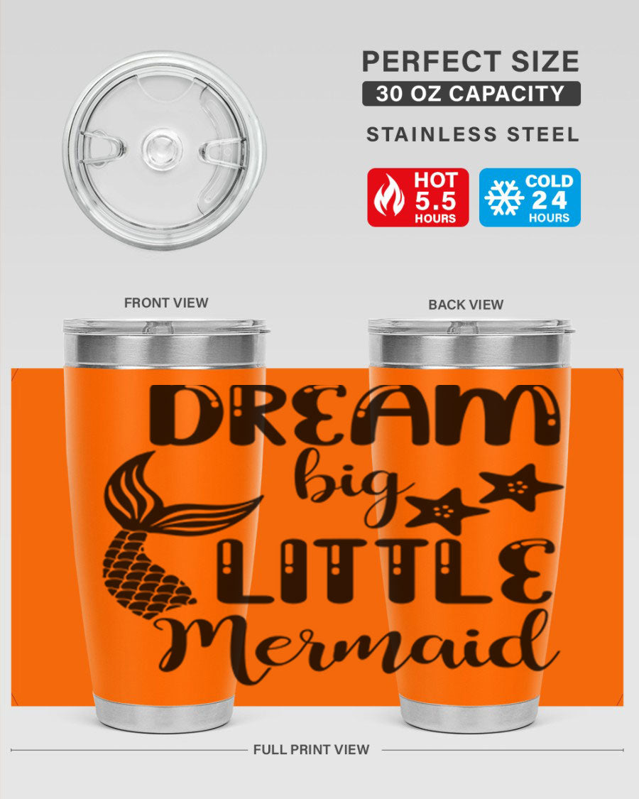 Dream Big Little Mermaid 131# tumbler in vibrant colors, showcasing double wall stainless steel design with a drink-thru lid.