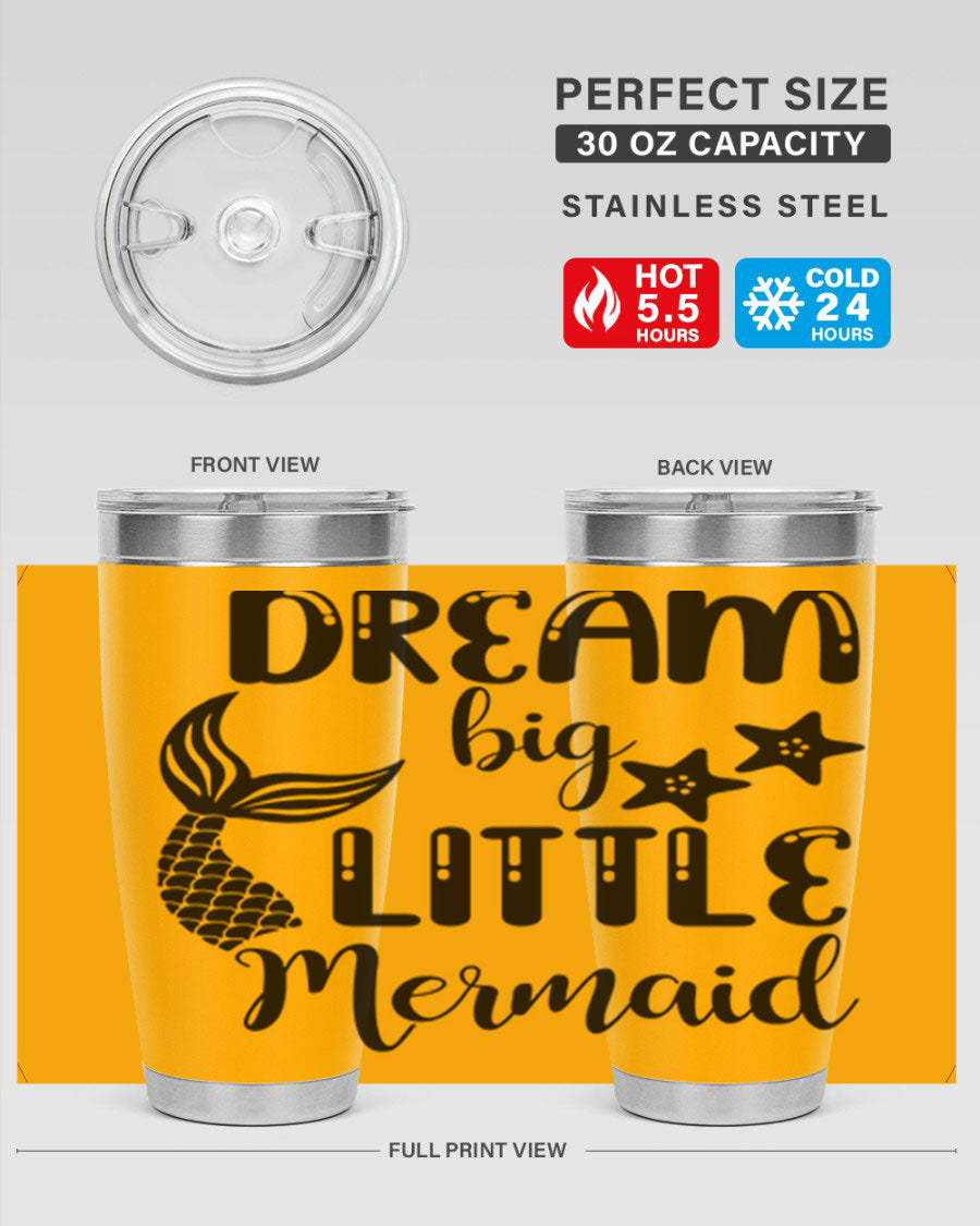 Dream Big Little Mermaid 131# tumbler in vibrant colors, showcasing double wall stainless steel design with a drink-thru lid.