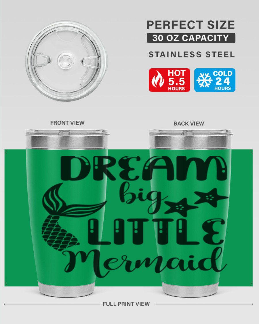 Dream Big Little Mermaid 131# tumbler in vibrant colors, showcasing double wall stainless steel design with a drink-thru lid.