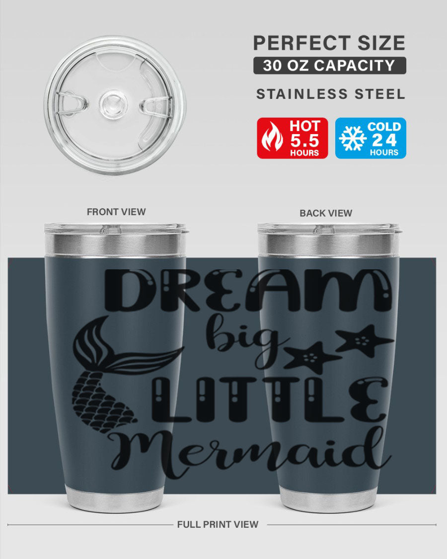 Dream Big Little Mermaid 131# tumbler in vibrant colors, showcasing double wall stainless steel design with a drink-thru lid.