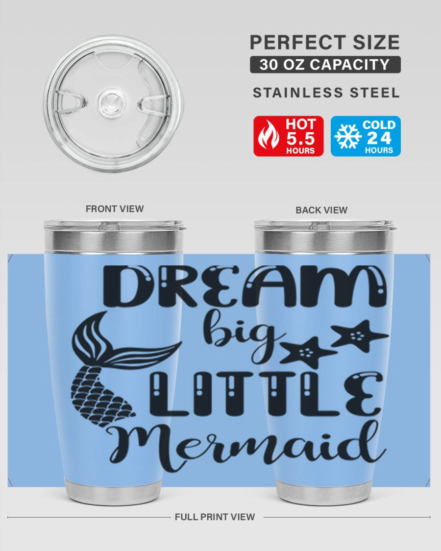 Dream Big Little Mermaid 131# tumbler in vibrant colors, showcasing double wall stainless steel design with a drink-thru lid.