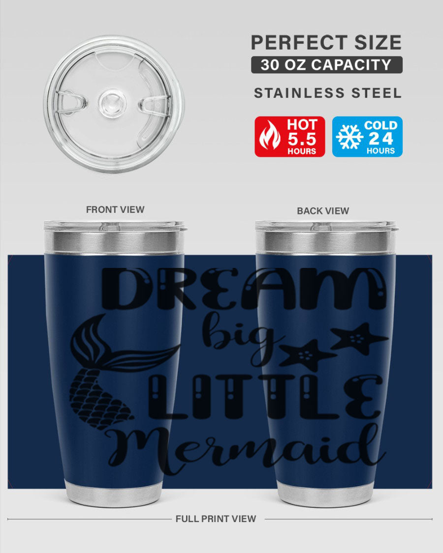 Dream Big Little Mermaid 131# tumbler in vibrant colors, showcasing double wall stainless steel design with a drink-thru lid.