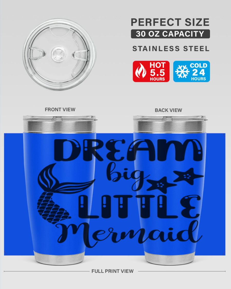 Dream Big Little Mermaid 131# tumbler in vibrant colors, showcasing double wall stainless steel design with a drink-thru lid.