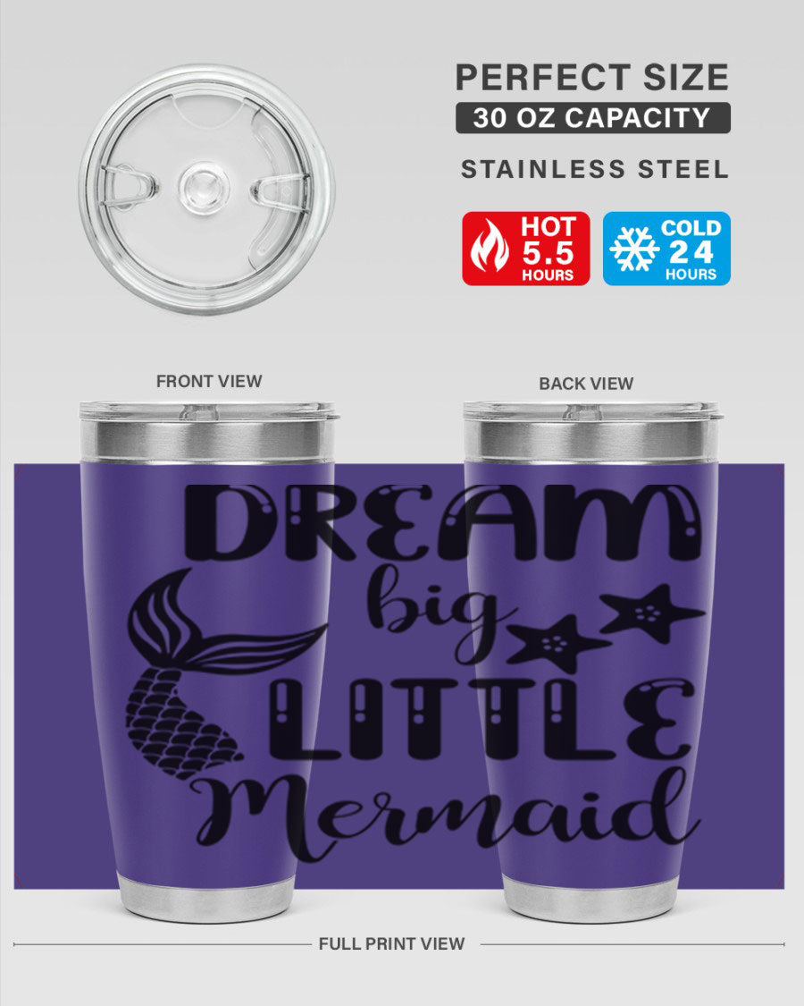 Dream Big Little Mermaid 131# tumbler in vibrant colors, showcasing double wall stainless steel design with a drink-thru lid.
