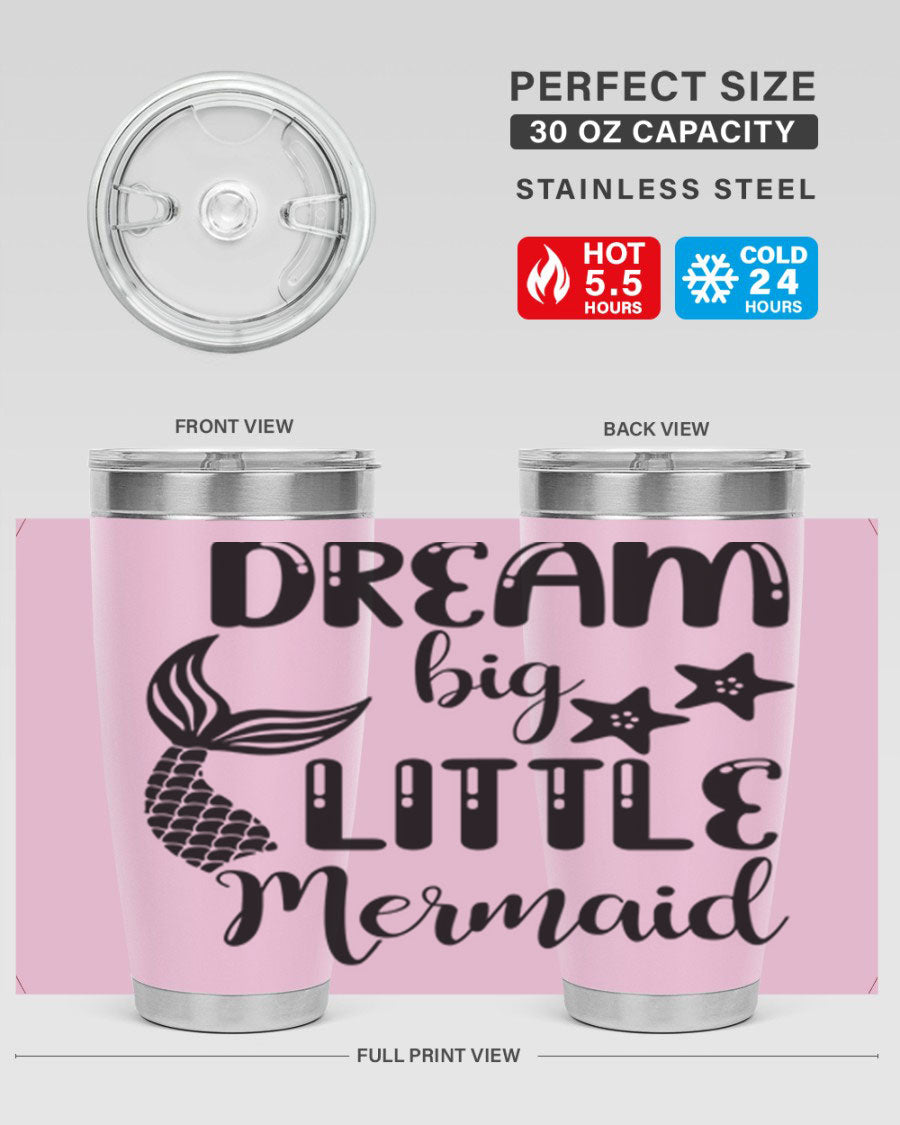 Dream Big Little Mermaid 131# tumbler in vibrant colors, showcasing double wall stainless steel design with a drink-thru lid.