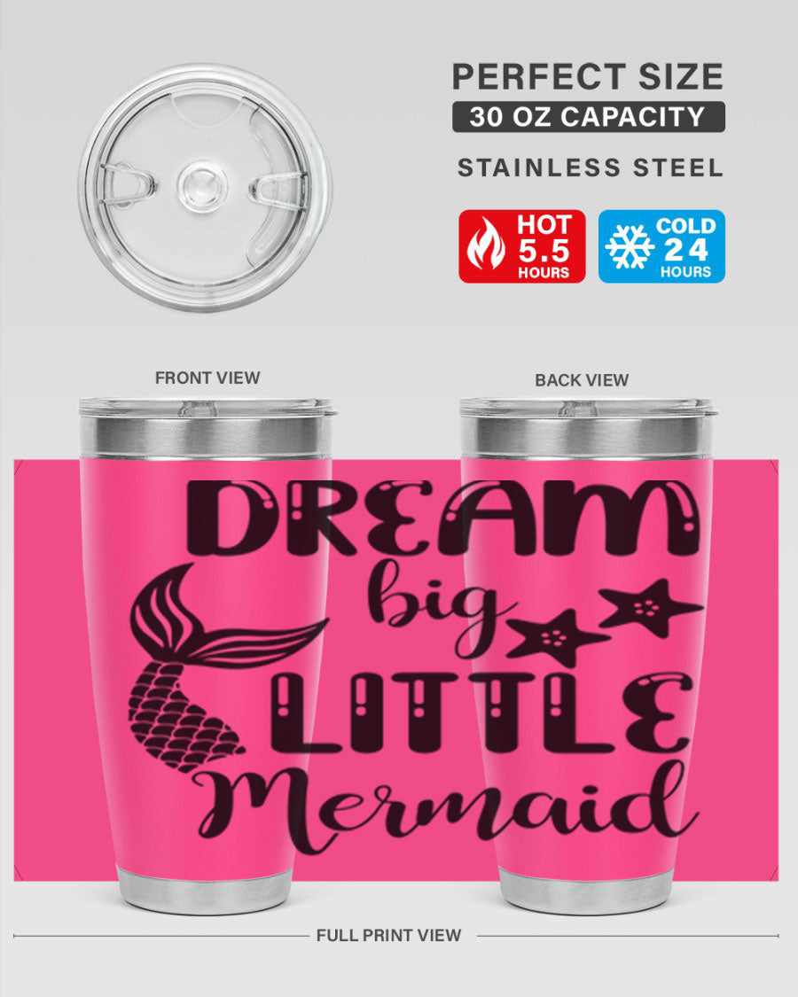 Dream Big Little Mermaid 131# tumbler in vibrant colors, showcasing double wall stainless steel design with a drink-thru lid.
