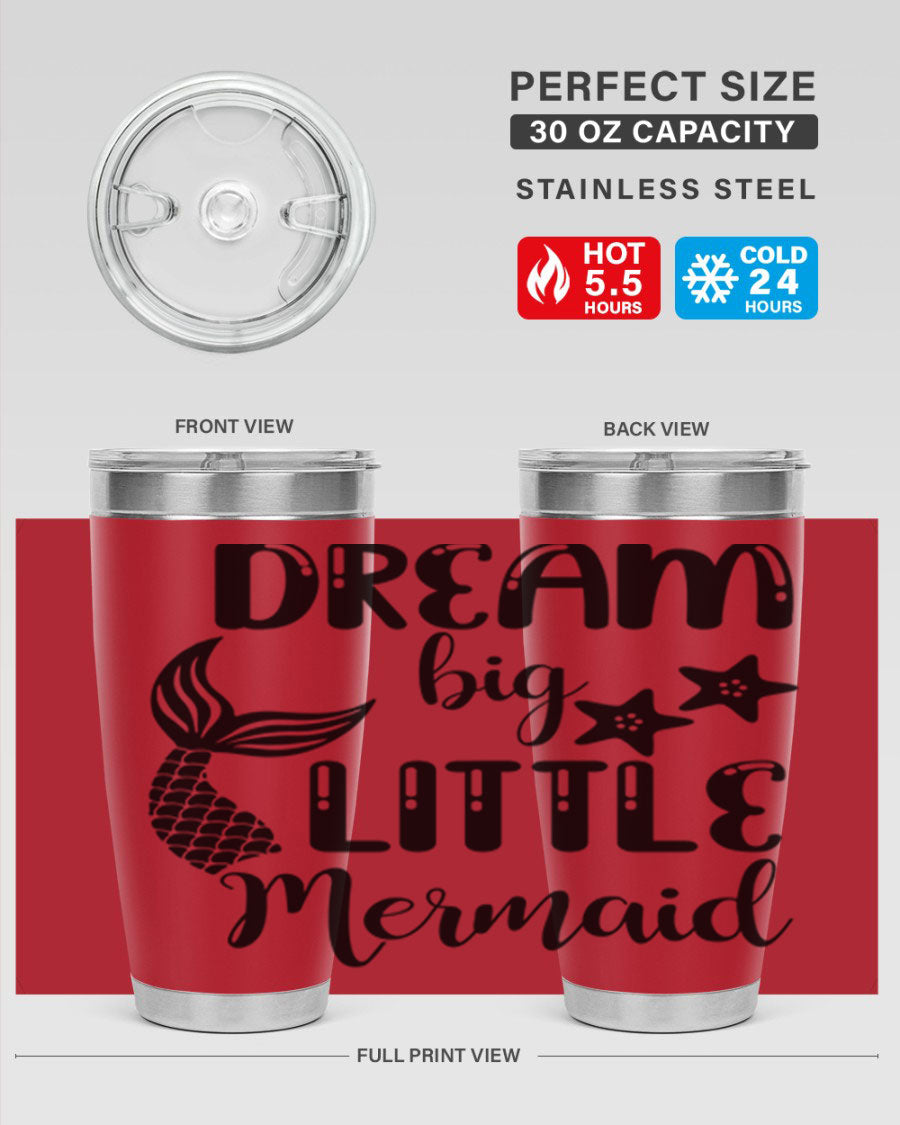 Dream Big Little Mermaid 131# tumbler in vibrant colors, showcasing double wall stainless steel design with a drink-thru lid.