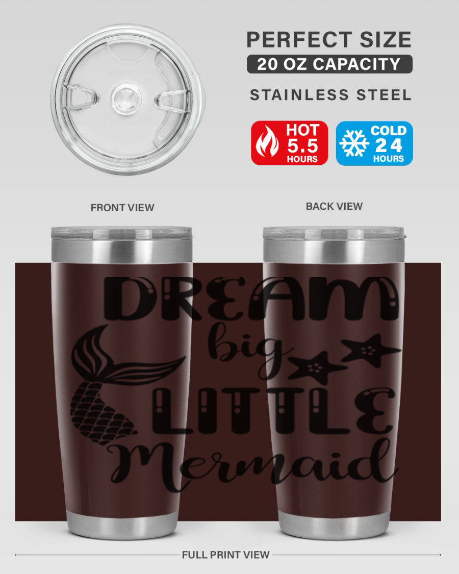 Dream Big Little Mermaid 131# tumbler in vibrant colors, showcasing double wall stainless steel design with a drink-thru lid.