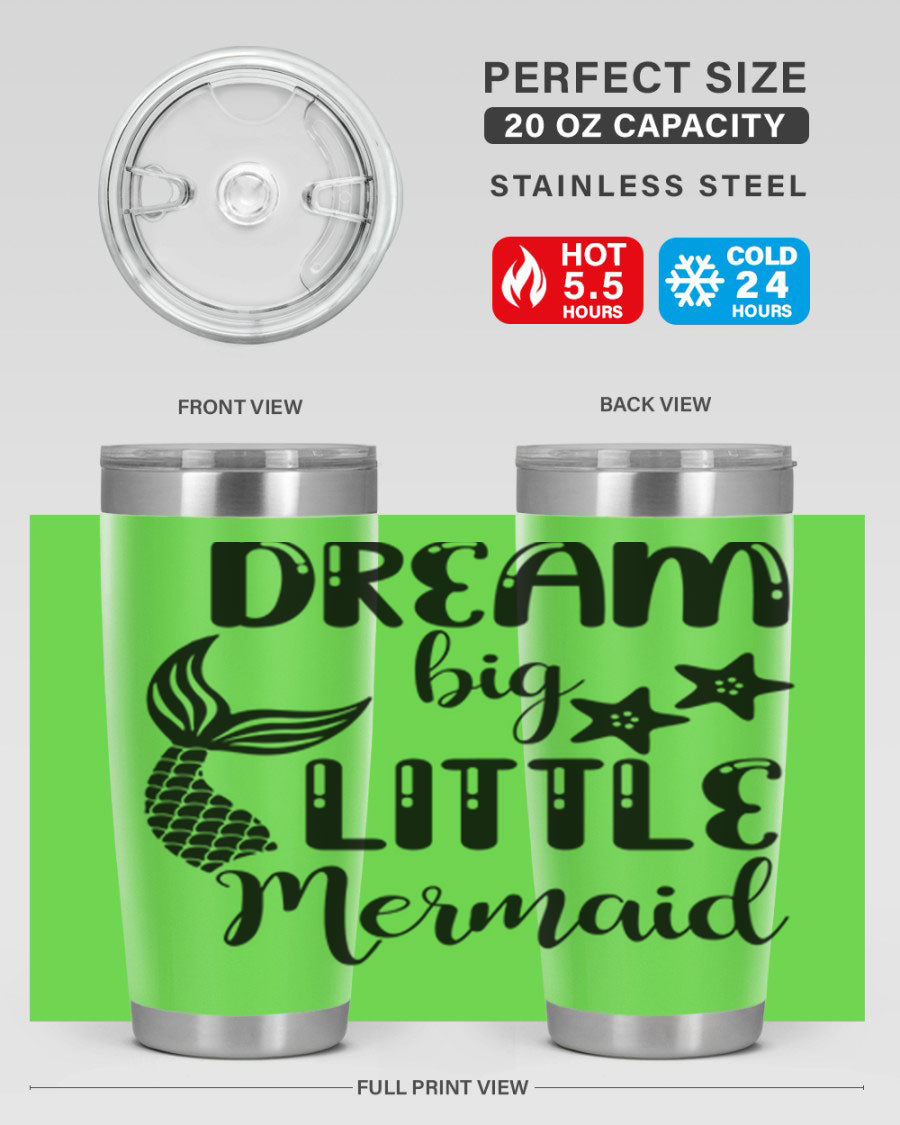 Dream Big Little Mermaid 131# tumbler in vibrant colors, showcasing double wall stainless steel design with a drink-thru lid.