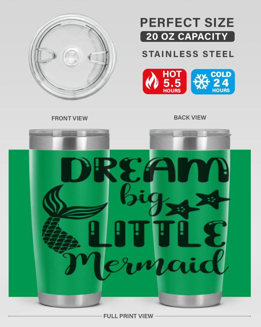 Dream Big Little Mermaid 131# tumbler in vibrant colors, showcasing double wall stainless steel design with a drink-thru lid.