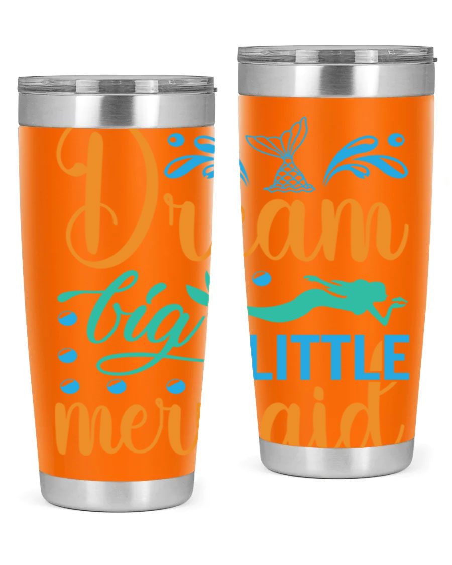 Dream Big Little Mermaid 20oz tumbler featuring a vibrant mermaid design, double wall vacuum insulation, and a press-in drink-thru lid.