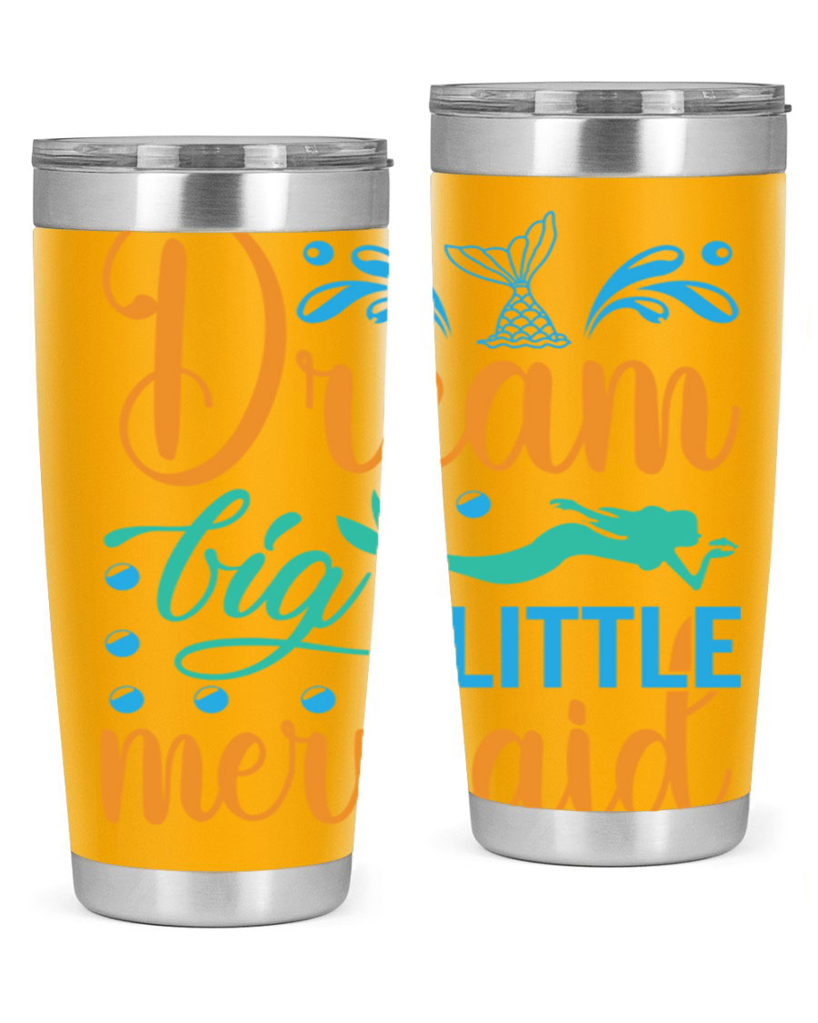 Dream Big Little Mermaid 20oz tumbler featuring a vibrant mermaid design, double wall vacuum insulation, and a press-in drink-thru lid.