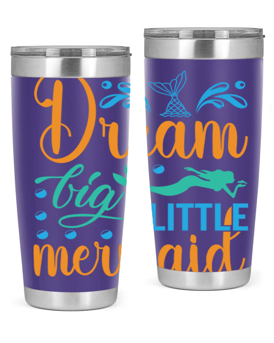 Dream Big Little Mermaid 20oz tumbler featuring a vibrant mermaid design, double wall vacuum insulation, and a press-in drink-thru lid.