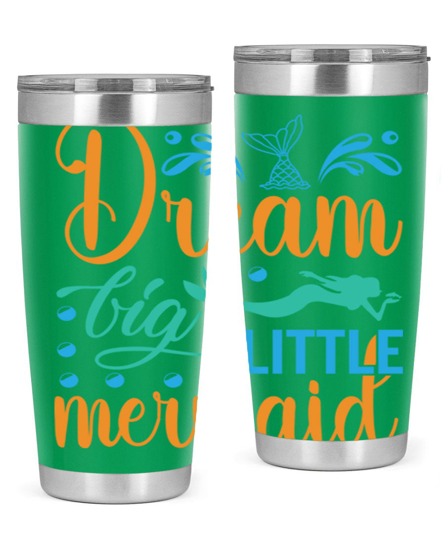 Dream Big Little Mermaid 20oz tumbler featuring a vibrant mermaid design, double wall vacuum insulation, and a press-in drink-thru lid.