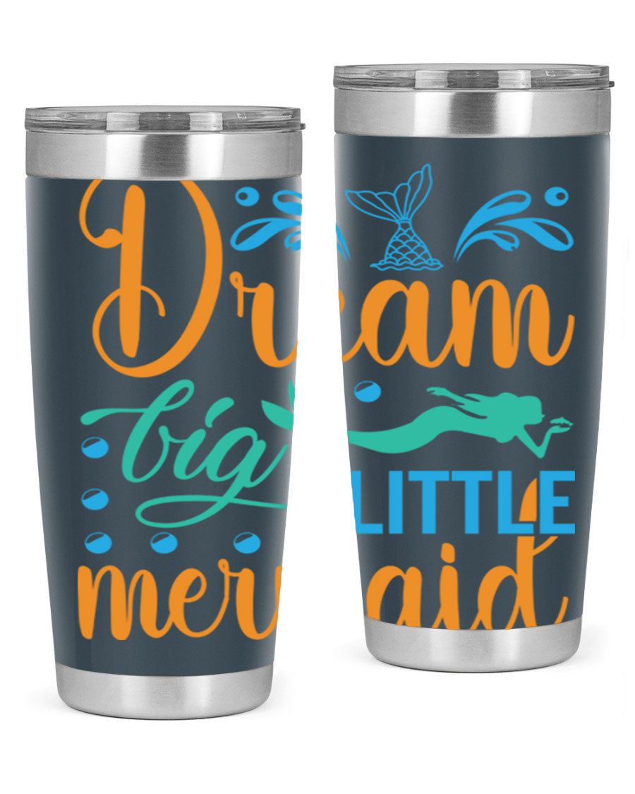 Dream Big Little Mermaid 20oz tumbler featuring a vibrant mermaid design, double wall vacuum insulation, and a press-in drink-thru lid.