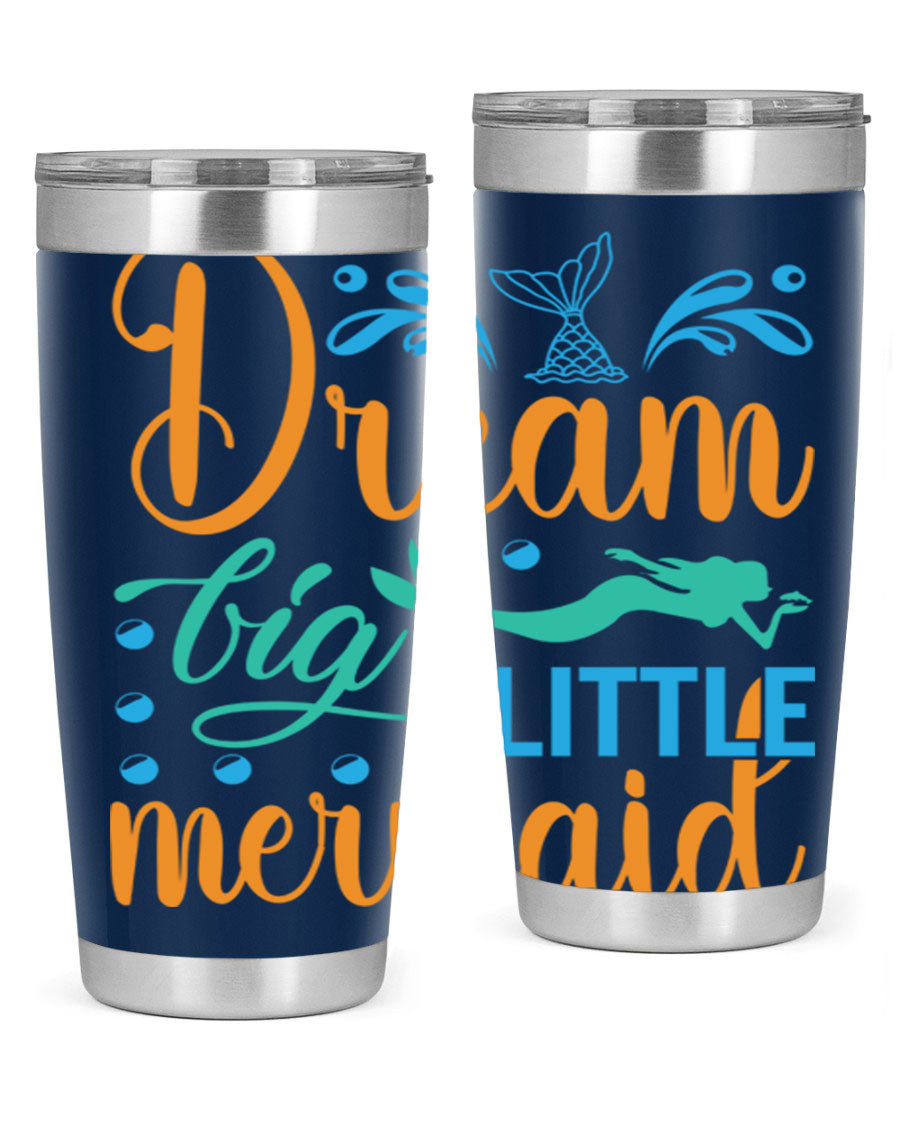 Dream Big Little Mermaid 20oz tumbler featuring a vibrant mermaid design, double wall vacuum insulation, and a press-in drink-thru lid.