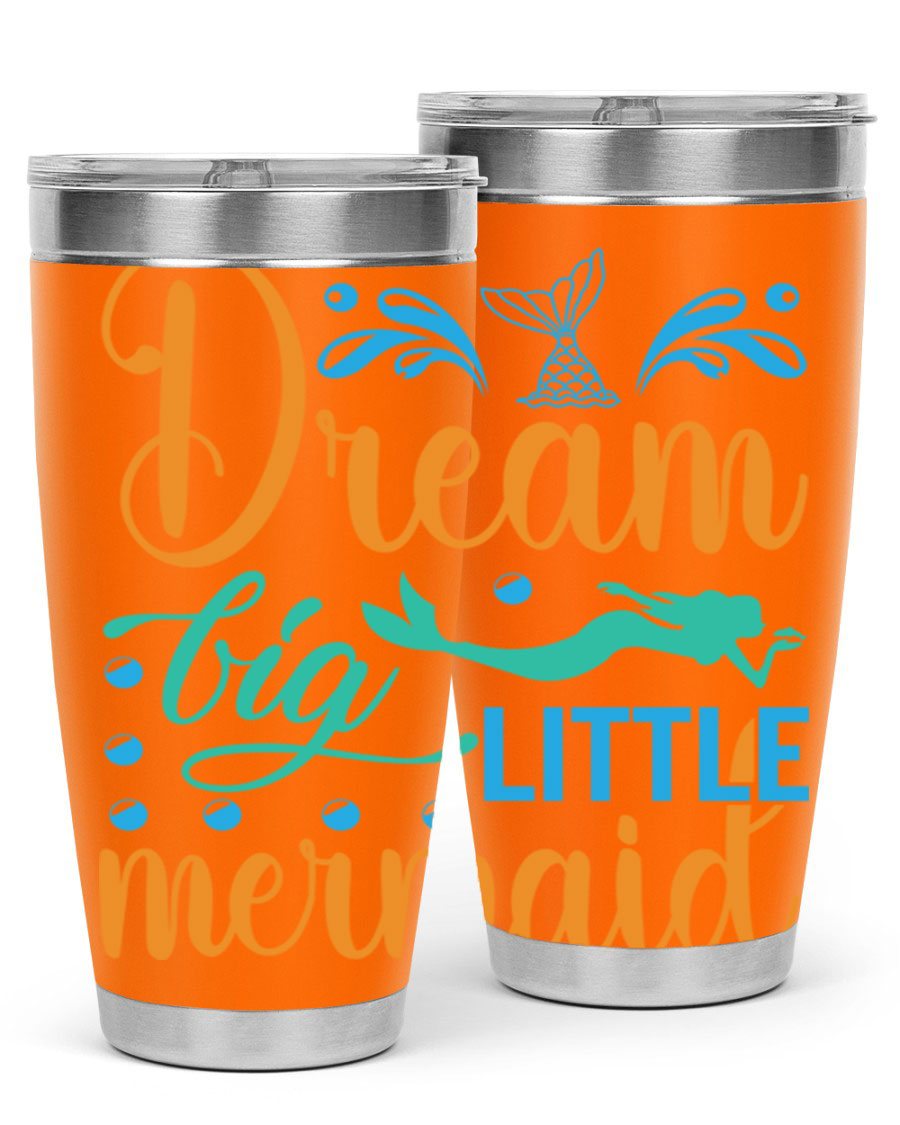 Dream Big Little Mermaid 20oz tumbler featuring a vibrant mermaid design, double wall vacuum insulation, and a press-in drink-thru lid.
