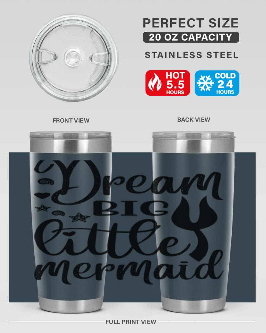 Dream Big Little Mermaid tumbler featuring a vibrant design, double wall vacuum stainless steel construction, and a convenient drink-thru lid.