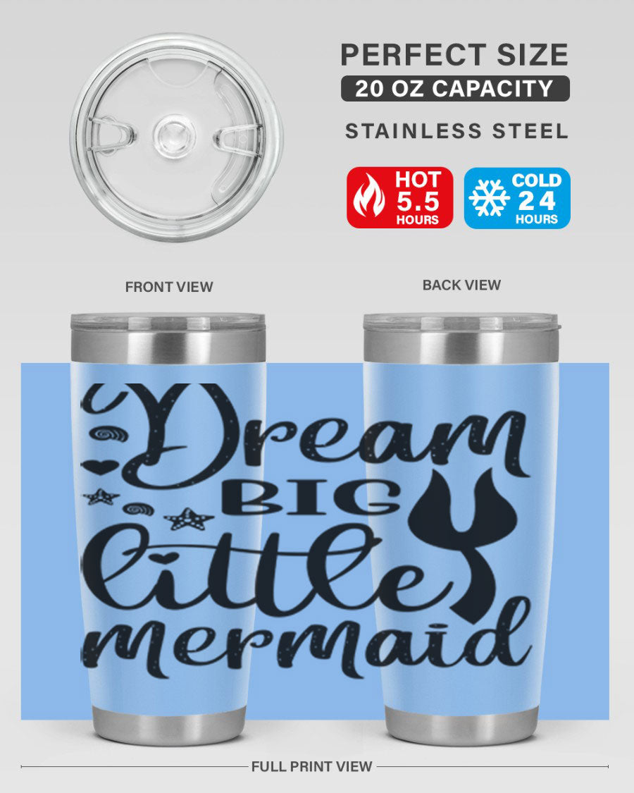 Dream Big Little Mermaid tumbler featuring a vibrant design, double wall vacuum stainless steel construction, and a convenient drink-thru lid.