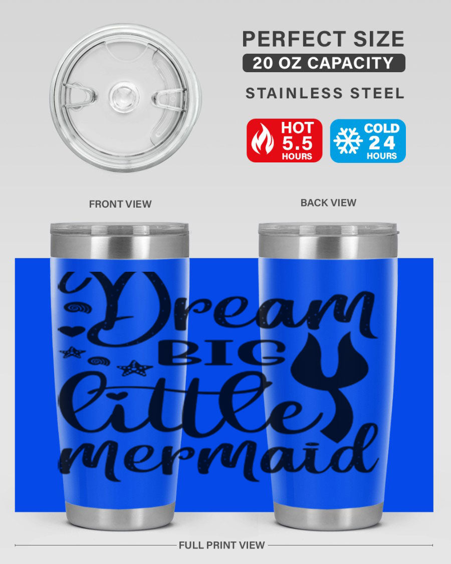 Dream Big Little Mermaid tumbler featuring a vibrant design, double wall vacuum stainless steel construction, and a convenient drink-thru lid.