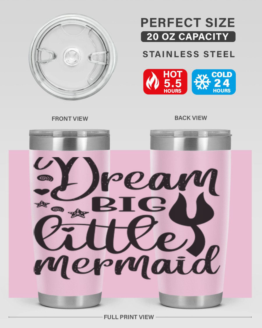 Dream Big Little Mermaid tumbler featuring a vibrant design, double wall vacuum stainless steel construction, and a convenient drink-thru lid.