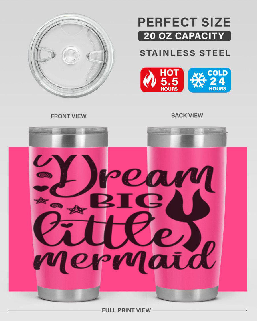 Dream Big Little Mermaid tumbler featuring a vibrant design, double wall vacuum stainless steel construction, and a convenient drink-thru lid.