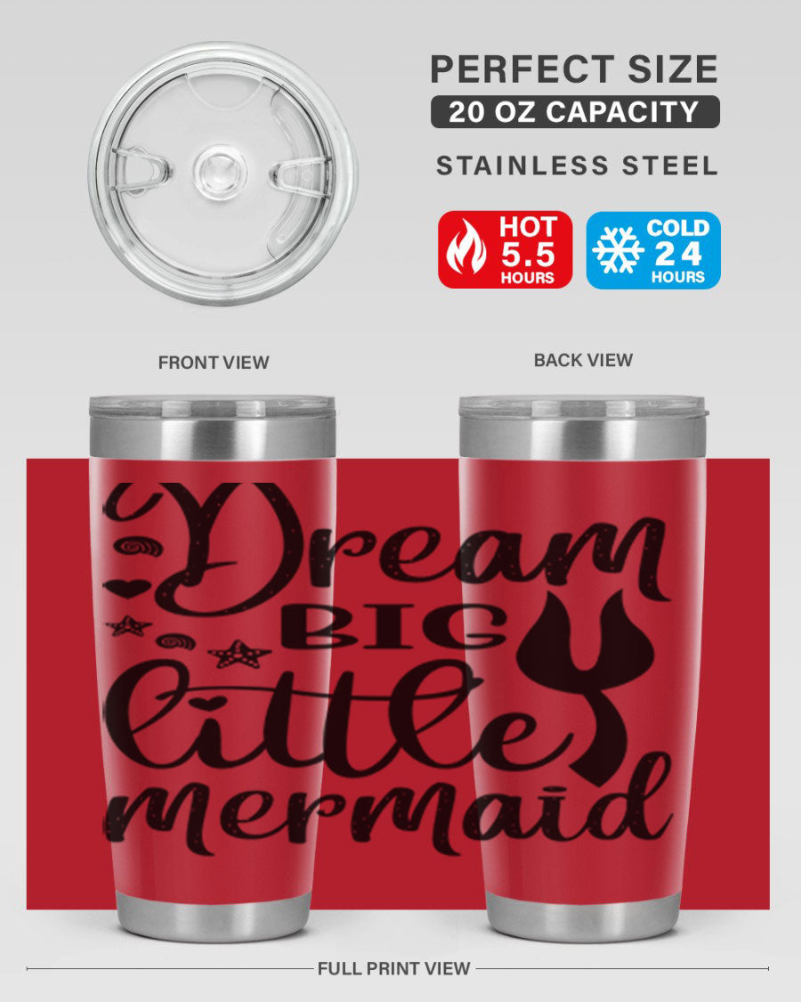 Dream Big Little Mermaid tumbler featuring a vibrant design, double wall vacuum stainless steel construction, and a convenient drink-thru lid.