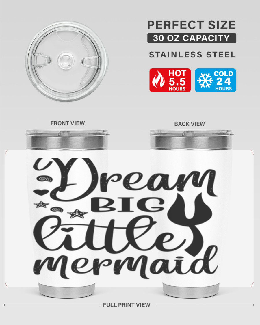 Dream Big Little Mermaid tumbler featuring a vibrant design, double wall vacuum stainless steel construction, and a convenient drink-thru lid.