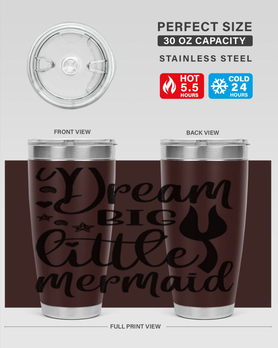 Dream Big Little Mermaid tumbler featuring a vibrant design, double wall vacuum stainless steel construction, and a convenient drink-thru lid.