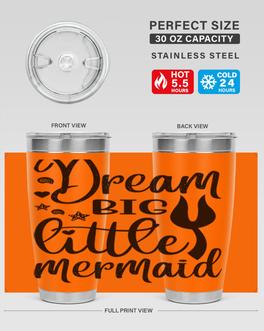 Dream Big Little Mermaid tumbler featuring a vibrant design, double wall vacuum stainless steel construction, and a convenient drink-thru lid.