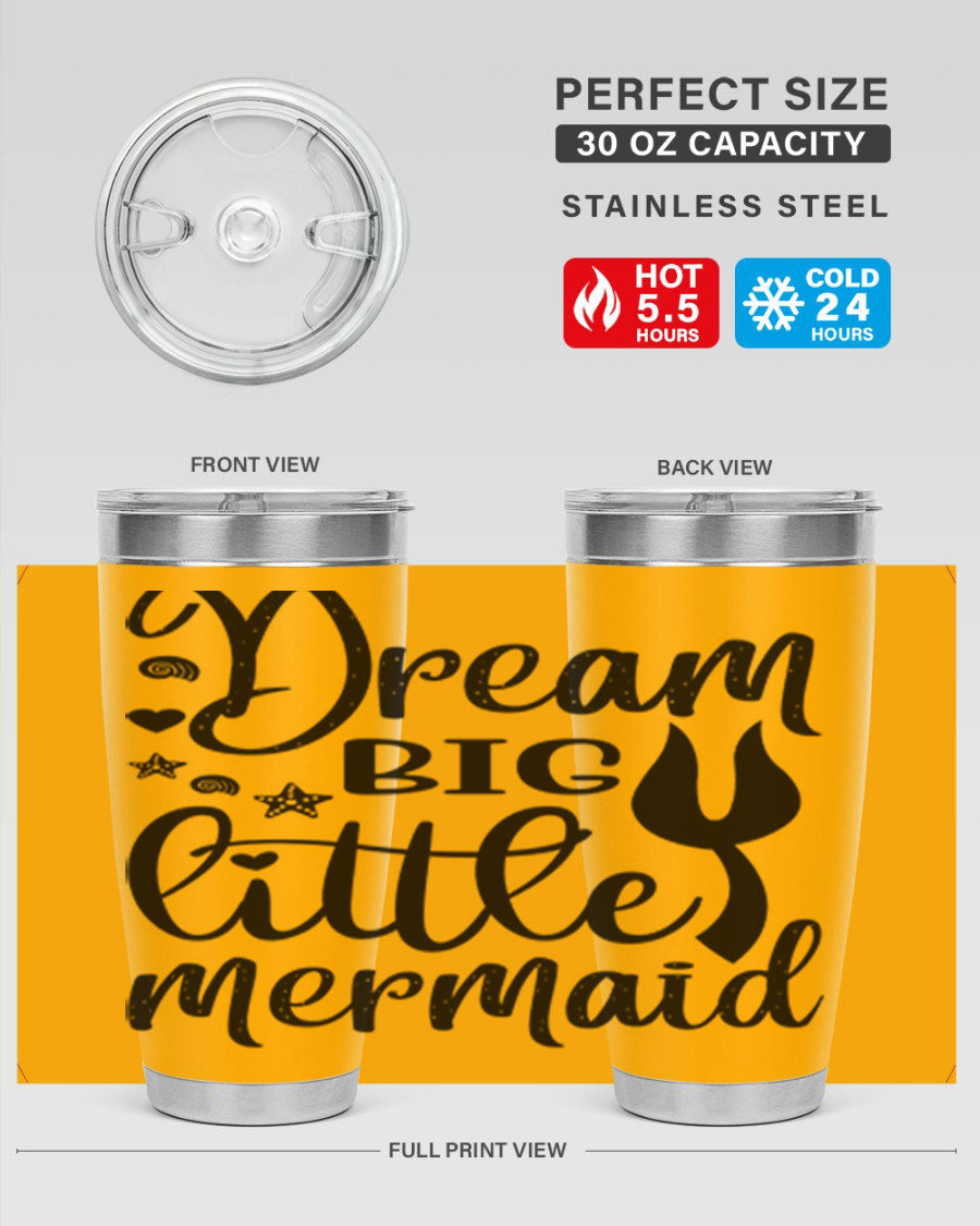 Dream Big Little Mermaid tumbler featuring a vibrant design, double wall vacuum stainless steel construction, and a convenient drink-thru lid.