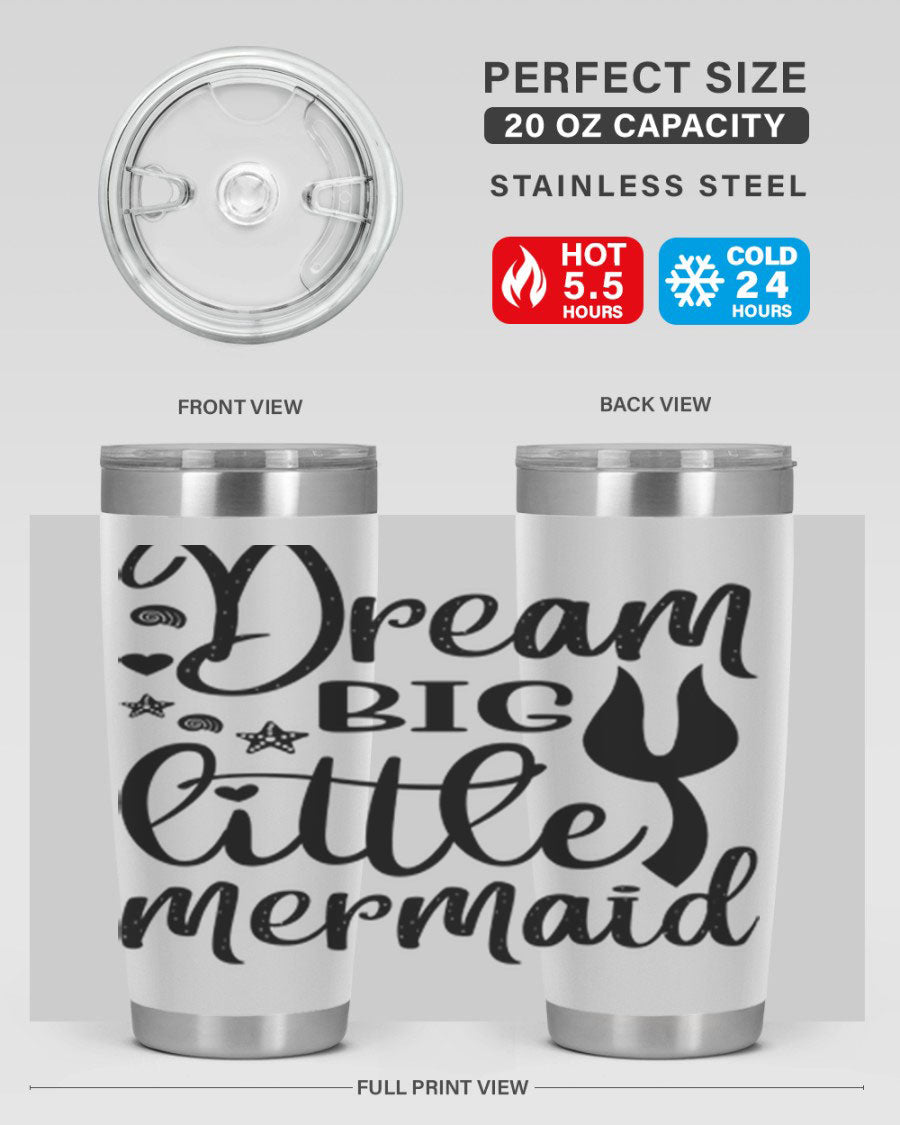 Dream Big Little Mermaid tumbler featuring a vibrant design, double wall vacuum stainless steel construction, and a convenient drink-thru lid.