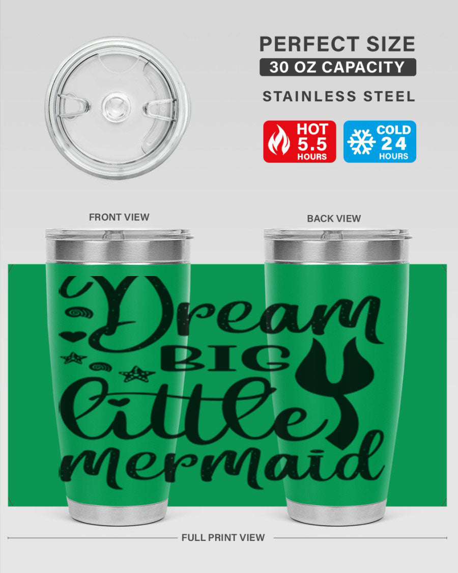 Dream Big Little Mermaid tumbler featuring a vibrant design, double wall vacuum stainless steel construction, and a convenient drink-thru lid.