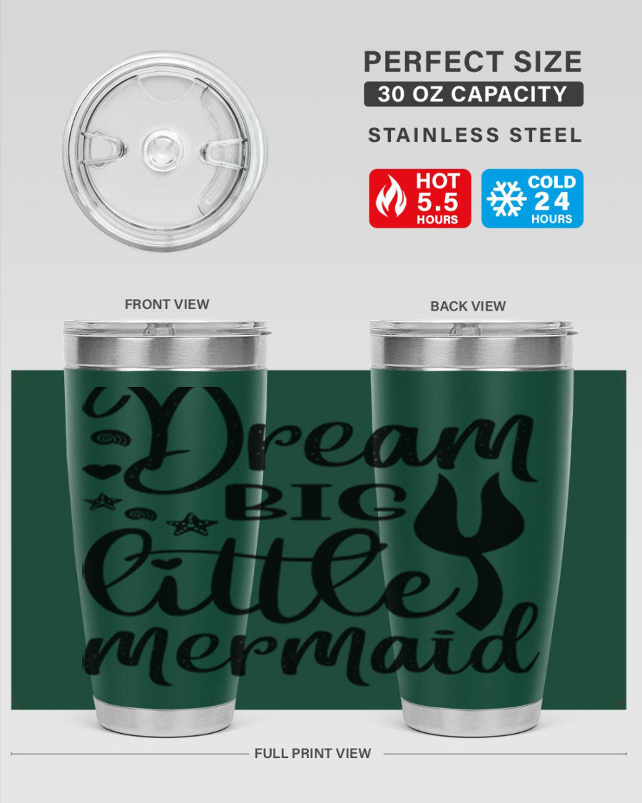 Dream Big Little Mermaid tumbler featuring a vibrant design, double wall vacuum stainless steel construction, and a convenient drink-thru lid.