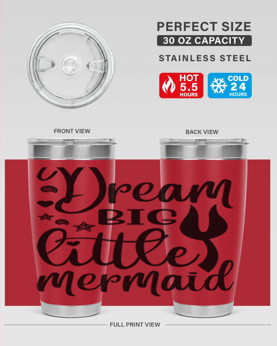 Dream Big Little Mermaid tumbler featuring a vibrant design, double wall vacuum stainless steel construction, and a convenient drink-thru lid.